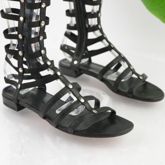 Stuart Weitzman Womens Gladiator Sandal Size 6.5 Tall Black Leather Strappy Shoe - Picture 2 of 14